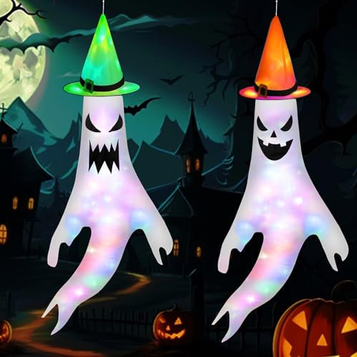 Ghost Windsocks - 2Pcs Halloween Garden Decorations with Light and Witch Hat, Hanging Flag for Yard Indoor Patio Lawn Haunted House, Halloween Outdoor Décor
