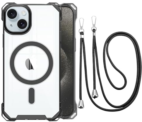 CAROKI Crossbody Lanyard Case for iPhone 15, Ultra Clear Hard Back Magnetic Case Compatible with MagSafe 4 Corners Bumper with Strap Adjustable Neck Cord Necklace Cover for iPhone 15-Black