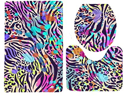 Bad Teppiche Set 3-Teiliges Lila Leopard Print WC Vorleger Mit Ausschnitt Badematte Saugfähig WC Deckelbezug Badvorleger rutschfest Waschbar Toilettensitzbezug Badgarnitur (50x80cm)