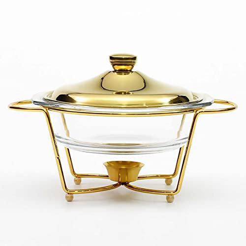 XMWOEIX Chafing-Dish-Buffet-Set aus Glas, mit Deckel und Halter aus Edelstahl, rundes Speisenwärmtablett, für Buffets, Hochzeiten, Partys, Bankette, Catering-Events (Farbe: Gold, Größe: 2 l)