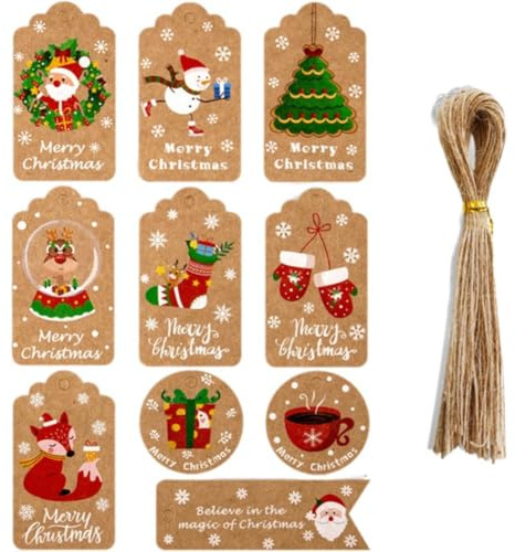 Muteitt 50 Stück Frohe Weihnachten Papieranhänger, Vintage-geschenkanhänger Schnur, Weihnachtsgeschenkverpackung, Kartonanhänger Für Weihnachtsfeierzubehör