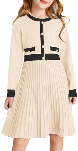 GRACE KARIN Girl’s Sweater Dress Long Sleeve Crew Neck Contrast Casual Dress Winter A-Line Midi Knitted Dress Apricot 8 Years