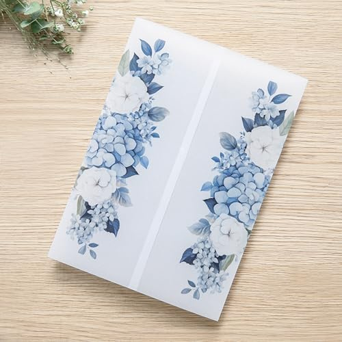 PONATIA 50PCS Vellum Jackets for 5x7 Invitation Cards- 135GSM Dusty Blue Flowers Sleeves, Vellum Paper 5x7 Jackets - Wedding Invitations Wraps - Transparent Card