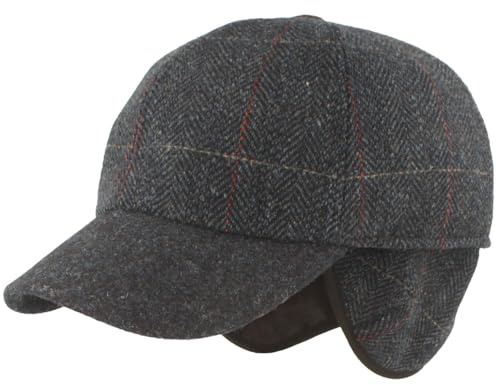 Breiter Herren Winter Baseball-Cap Schirmmütze Baseball-Kappe mit ausklappbarem Ohrenschutz – Basecap aus Wolle im Fischgrat Design & Steppfutter