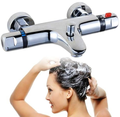 Thermostate Duscharmatur mit 38 °C Sicherheitstaste Brausethermostat PVD-Galvanik Dusche Armatur für Durchlauferhitzer, Thermalbad