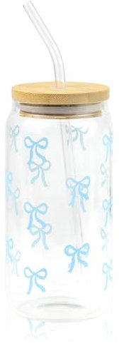 Cosmeria Glas Trinkbecher Mit Deckel Und Strohhalm, 16 Oz Bow Design, Elegantes Tiktok Trend Trinkglas Für Bubble Tea, Kaffee Und Mehr