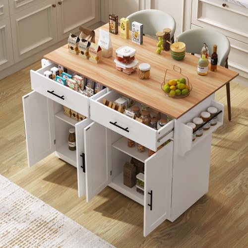 Huayz - Armadio da cucina con piano di lavoro pieghevole, 120 x 46 (70) x 91 cm, con ruote e gambe in legno intercambiabili, isola da cucina indipendente, per cucina e sala da pranzo (bianco)