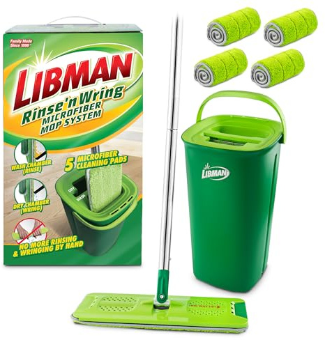Libman Rinse 'n Wring Mop and Bucket System | Microfiber golvmopp | lövträgolvsrengörare | våt och torr mopp | Rengör & smutsiga vattenkammare | kraftblad | totalt 5 mikrofiberkuddar