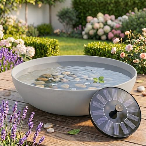 matches21 HOME & HOBBY Outdoor Solarbrunnen Set mit Akku - 45 cm Schale grau mit schwimmender Solarfontäne