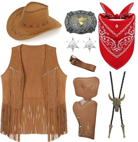 9 Pezzi Set di Accessori per Costume da Cowboy per Uomo, Set Completo da Cowboy Western Cosplay con Cappello, Gilet con Frange, Bandana, Fodero per Cintura, Fibbia Bolo, Cravatta, Collana, Distintivo