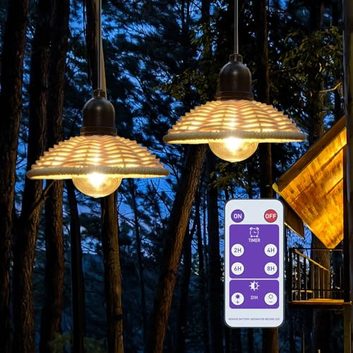 EcoGehen 2er Außen Hängelampe Hängeleuchte mit Batterie Fernbedienung Batteriebetriebene Lampe Boho Rattan Φ25cm Lampenschirm Pendelleuchte ohne Strom Stromanschluss Wasserdicht Outdoor Beleuchtung