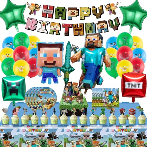Hkyiowdp Geburtstagsdeko Kinder, 66 Pcs Geburtstag Deko, Geburtstag Luftballon, Banner, Partygeschirr mit Tischtuch, Tortendeko, Pappteller, Servietten, Party Deko für Jungen, Mädchen