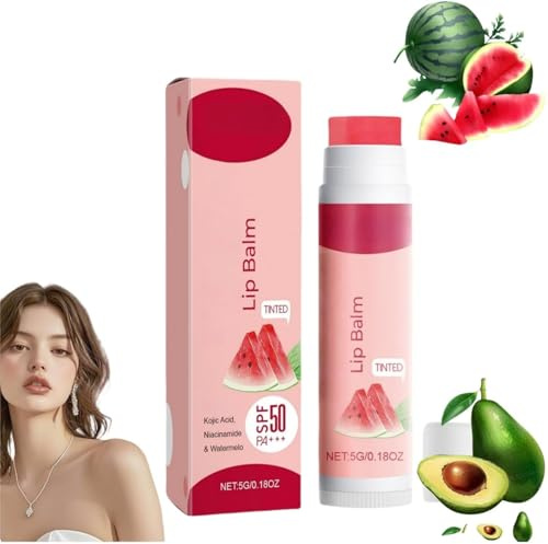Niacinamide Tinted Lip Balm with SPF 50PA+++,Watermelon Spf Lip Balm Tinted,Li-p Sunscreen Sp-f 50 Stick,Hydrating Lipstick,Plumping Li-p Gloss,For Lightening&Protection,Moisten the Mouth,Non Sticky