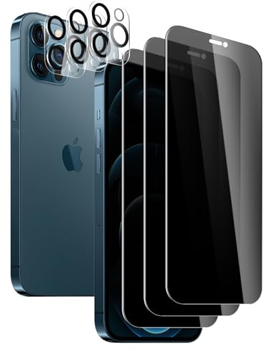 SUJASEN Anti-Spy Gehärtete Glas Schutzfolie, für iPhone 12 Pro Max, 3 Stück Gehärtetes Glas+3 Stück Kamera Schutzfolie, Kratzfest, Anti-Bläschen, 9H Härte, Ultrabeständig