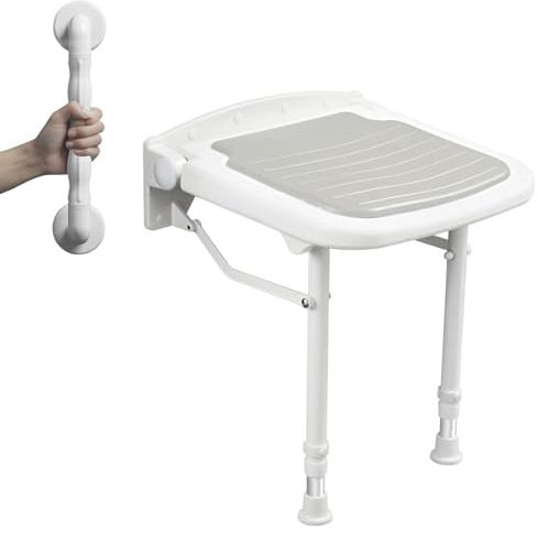 Easyvibe Folding Shower Seat with Grab Bar, Support 4000lbs(180kg), Adjustable Height Fold Down Shower Seat Wall Mounted, Shower Bench Wall Mounted for Elderly-Adults-Pregnants-Seniors-Disabled