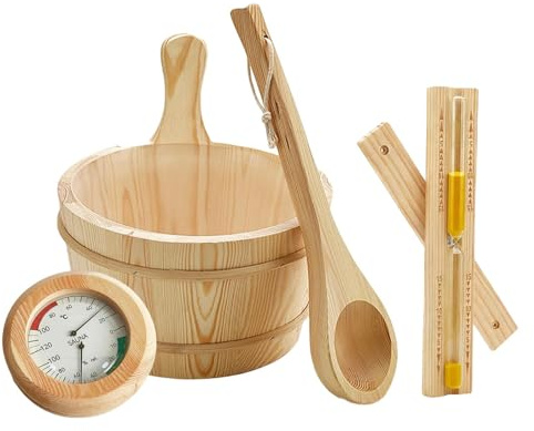 Sharplace Juego de 4 Accesorios para Sauna, Resistente Al Desgaste, Cucharón, Reloj de Arena Portátil Y Resistente, Cubo de Madera para Sau