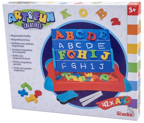 Simba Art & Fun Magnettafel im Koffer – 2-in-1 Lernspieltafel mit 26 Buchstaben, 10 Zahlen, 6 Zeichen, Kreide & Schwamm, tragbare Magnettafel 29x23 cm, ab 3 Jahren