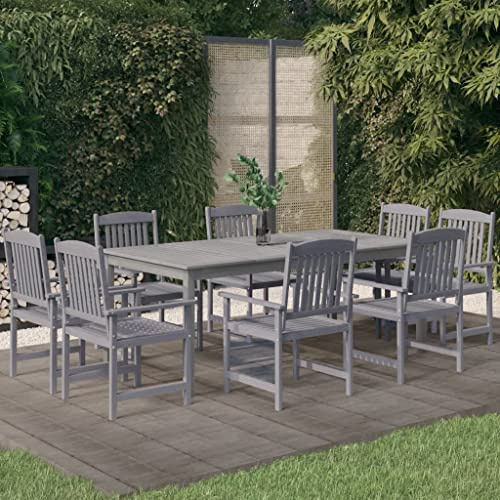 JHQHSM 9 pièces Salon de jardin en bois massif d'acacia gris, meubles d'extérieur robustes avec trou pour parasol pratique pour terrasse Cette table de jardin de 9 pièces et les chaises en massif