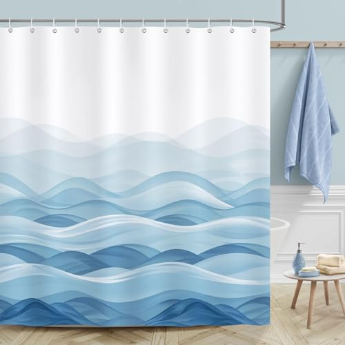 Bonhause Duschvorhang Blau Ozean Welle Modern Duschvorhänge 180 x 180 cm Anti-Schimmel Wasserdicht Polyester Stoff Waschbar Bad Vorhäng für Badzimmer mit 12 Haken