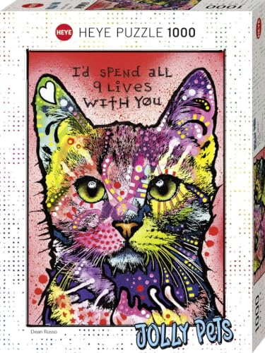 HEYE Puzzle 1000 Teile für Erwachsene „9 Lives“ | Farbenfrohes Katzenporträt von Dean Russo mit leuchtenden Farben & ausdrucksstarkem Pop-Art-Stil, 50 x 70 cm