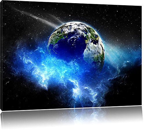 Pixxprint Erde im Kosmos Nebel B&W, Größe: 100x70cm, Leinwandbild, fertig gespannt, Wandbild, Dekoration, Kunstdruck, kein Poster