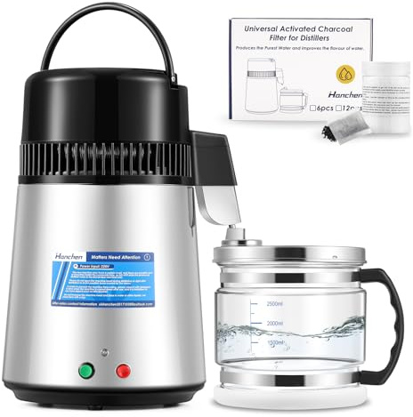 Hanchen Distillatore d'acqua 4L Acciaio Inossidabile Depuratore d'acqua con Brocca di Vetro 1L/H Macchina dell'acqua Distillata per Case Laboratori Industrie