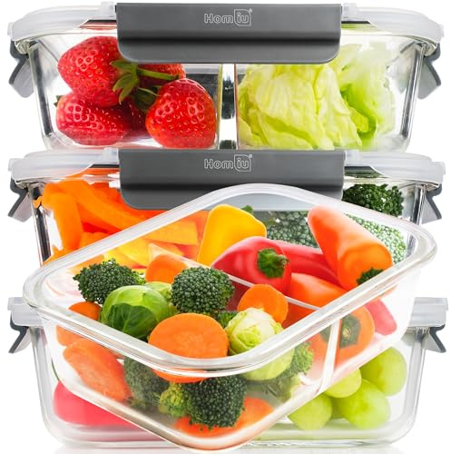 Homiu Glass Food Containers with Lids | Airtight Meal Prep Containers | 3 Pack | BPA Free & Leak Proof | Reusable Microwave, Freezer, Oven Safe Lunch Box
