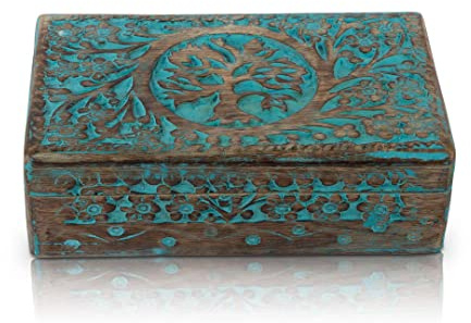 Great Birthday Gift Handmade Decorative Wooden Jewelry Box With Tree Of Life Carving Jewelry Organizer Keepsake Box Treasure Chest Trinket Holder Watch Box Storage Box Housewarming Gifts (Blue)