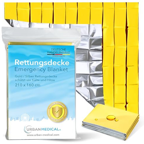 URBAN MEDICAL Premium Coperta Termica di Emergenza | 1 Pezzo | Telo Termico Bifacciale - Oro/Argento - Per Kit di Pronto Soccorso e Sopravvivenza - Protezione dal Caldo e dal Freddo - 210 x 160 cm