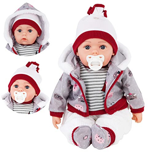 BiBi Doll 20 Baby Boy Doll - Large Lifelike Size, Soft Body, with Dummy & Sounds in Grey Jacket Outfit, Toy for Boys & Girls Aged 18 Months+