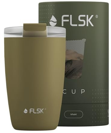 FLSK Kaffeebecher to go I Premium Kaffeebecher aus Edelstahl I 100% Auslaufsicher & Doppelwandig I Thermobecher hält Getränke 3 Std. heiß I German Brand Award Winner (khaki, 350 ml)