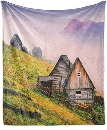 ABAKUHAUS Rustikal Weiche Kuscheldecke Sofadecke, Holzhäuser Berg, Gemütlicher Plüsch für den Innen- und Außenbereich, 125 x 175 cm, Grün Braun