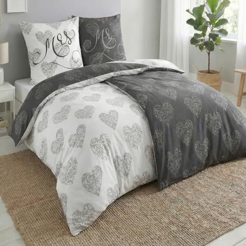Kuscheli 4-teilige Bettwäsche 135x200 – Mikrofaser Oeko-TEX, 2 Bettbezüge 135x200 & 2 Kissenbezüge 80x80, Reißverschluss, weich & bügelfrei – Weiß Grau Herz