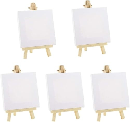 Tischstaffelei Holz Leinwand Ständer Set (5 Stk) – 10x10cm Leinwand mit 15 x 8 cm Mini Staffelei, Staffelei Holz – Leinwand Bespannt Grundiert – Canvas Painting für Öl-/Wasserfarben, Zeichnen, Kinder