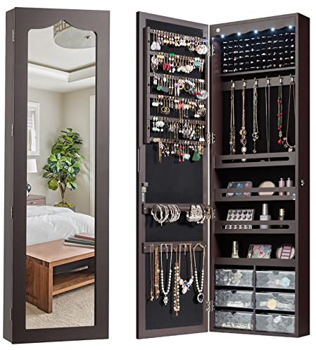 GOPLUS Schmuckschrank mit Schloss & 2 Schlüsseln, Schmuckregal mit LED-Beleuchtung, Spiegelschrank mit Schubladen, Wandmontage und Türmontage, mit Stauraum für Halsketten, Ringe, Ohrringe (Braun)