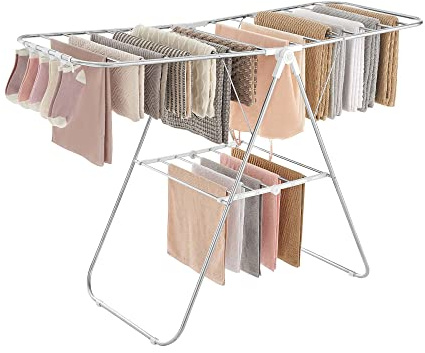 SONGMICS Clothes Drying Rack, with Sock Clips, Metal Laundry Rack, Foldable, Space-Saving, Free-Standing Airer, with 2 Height-Adjustable Gullwings, Indoor Outdoor Use, Silver and White ULLR052W01