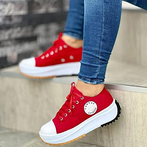 SAHRY Entrenadores De Moda De Lona para Mujer, Zapatillas Deportivas De Primavera, Zapatos De Plataforma Transpirables para Mujeres, Casual Calzado Deportivo De Mujer,Red-42