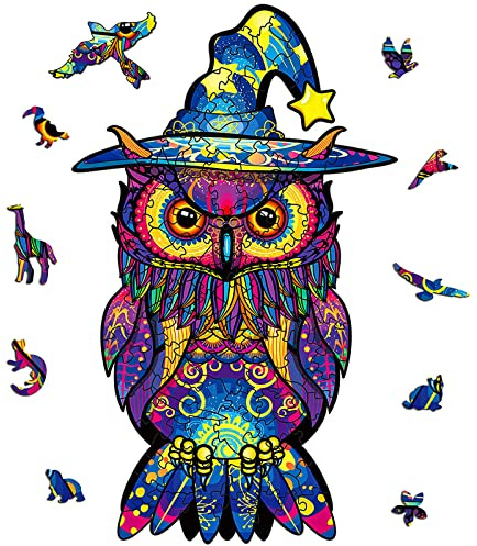 OSDUE Holzpuzzle für Erwachsene, Halloween-Adler Puzzle Holz 100 Teile Bunt Einzigartige Tierform, Magische Holzpuzzle für Erwachsene 16 * 26.5cm