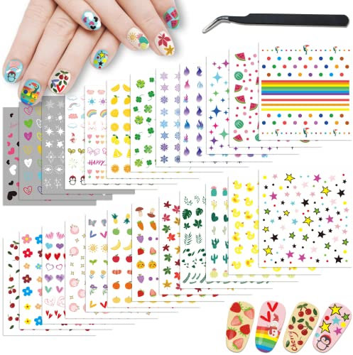 24 Blatt Nagelsticker für Kinder Mädchen und Frauen, Nail Art Sticker Herz Blume Stern Regenbogen Wolke Schnee Ente Frucht Vierblättriges Kleeblatt für Nail Art Dekoration mit Pinzette und Stäbchen