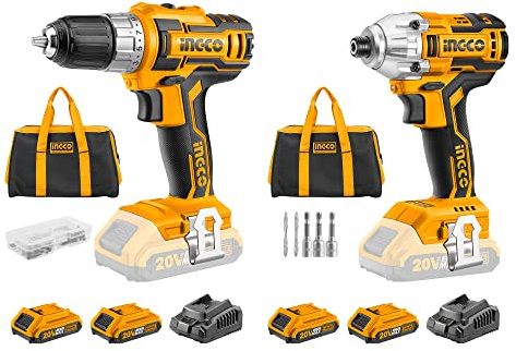 INGCO 20V Kit Inalámbrico 45NM Taladro Atornillador y Destornillador de impacto con 4x 2.0Ah Bateria CDLI2002+CIRLI2002