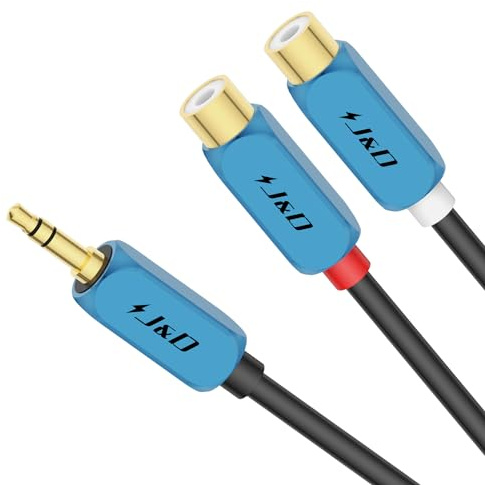 J&D Câble Jack 3,5 mm vers 2 RCA, Adaptateur Audio Stéréo Mâle vers Double Prises Femelles, Rallonge AUX vers Cinch avec Coque en Cuivre Plaqué Or, 0,3 m
