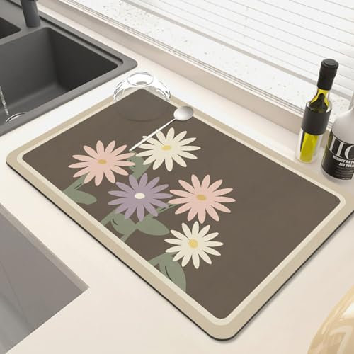 Hixingo Súper Absorbente Bayeta Escurreplatos, Antideslizante Dish Drying Mat Estampado de Flor de Dibujo Animado Alfombra Escurreplatos，Diatomita Alfombrilla Cafetera (Margaritas de Colores,40x60cm)