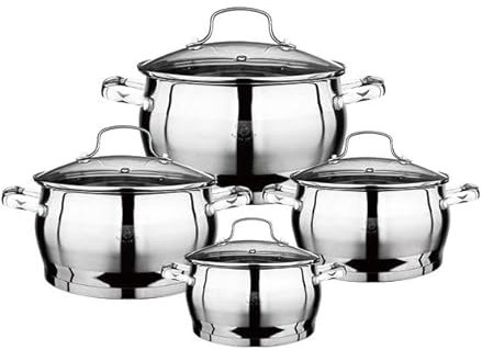Royal Swiss® 18-Piece Stainless Steel 5-Layer Cookware Set, Frying Pan, Saucepan and Stock Pot with Glass Lid, Saucepans Suitable for All Heat Sources Including Induction (ARGENT, 8)