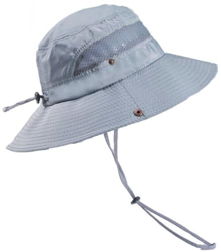 yeeplant Fischerhut: Netzkappe, breite atmungsaktive Safari-Krempe mit tragbarer Schnur, Strand, draußen, Grau, grau, Einheitsgröße