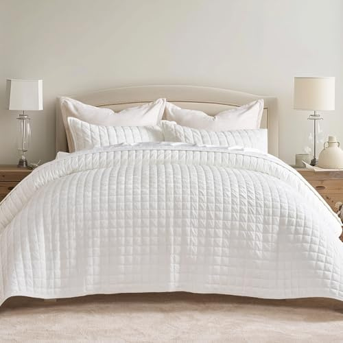 RECYCO Luxury Velvet Quilt Set King Size Bedding Sets, Ultra Soft Velvet Comforter Set, Lightweight Channel Box Stitch Oversized Bedspread Coverlet for All Season, with 2 Shams, Bright White
