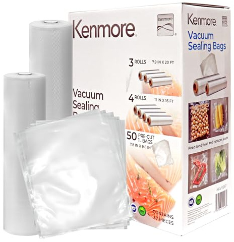 Kenmore Vacuum Sealer Bag & Roll Variety Pack 57 PC (50 1L 20 x 25 cm, 3 Rolls 20 cm x 6 m, 4 Rolls 28 cm x 5 m), Heat-Seal Textured Bags for BosenKitchen, Nesco, Amazon Basic, Homeasy