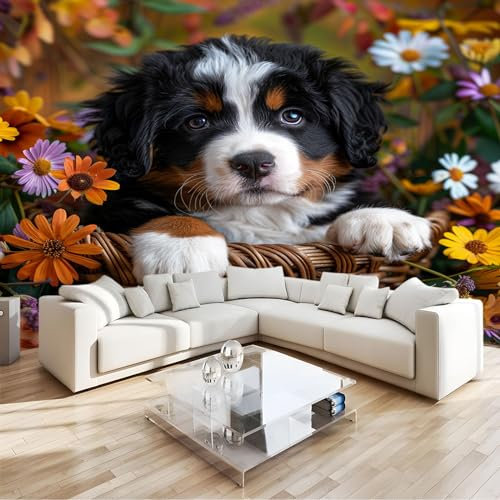 Photo Wallpaper Wall Application Bernese Mountain Dog Chrysanthemum Wallpaper Designer Photo Mural- 150 x 105 cm Wall Mural- for Living Room Bedroom Home Decoration