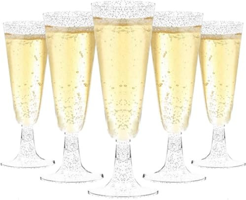 Taoyanmo Copas de champán de plástico elegantes de alta calidad con purpurina dorada, 150 ml, vasos reutilizables para tostar, copas de cóctel Prosecco para bodas, cumpleaños, Navidad, barbacoas,