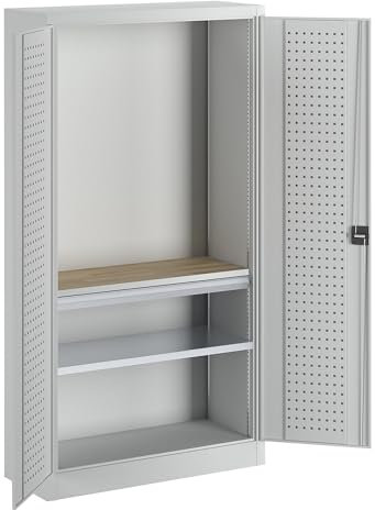kaiserkraft | Werkzeugschrank mit Lochprägung | 1 Schublade | 1 Fachboden | 1 Arbeitsplatte - Rückwand geschlossen | Türen lichtgrau