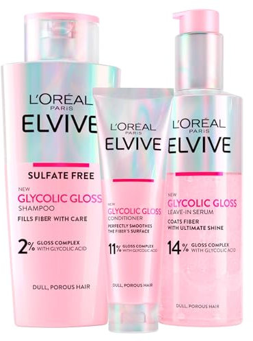L'Oréal Paris Elvive Glycolic Gloss Après-Shampooing 150ml + Shampoing 200ml + Sérum Sans Rinçage 150ml Coffret pour Cheveux Ternes et Poreux Brillance Intense et Longue Durée - 3 Flacons